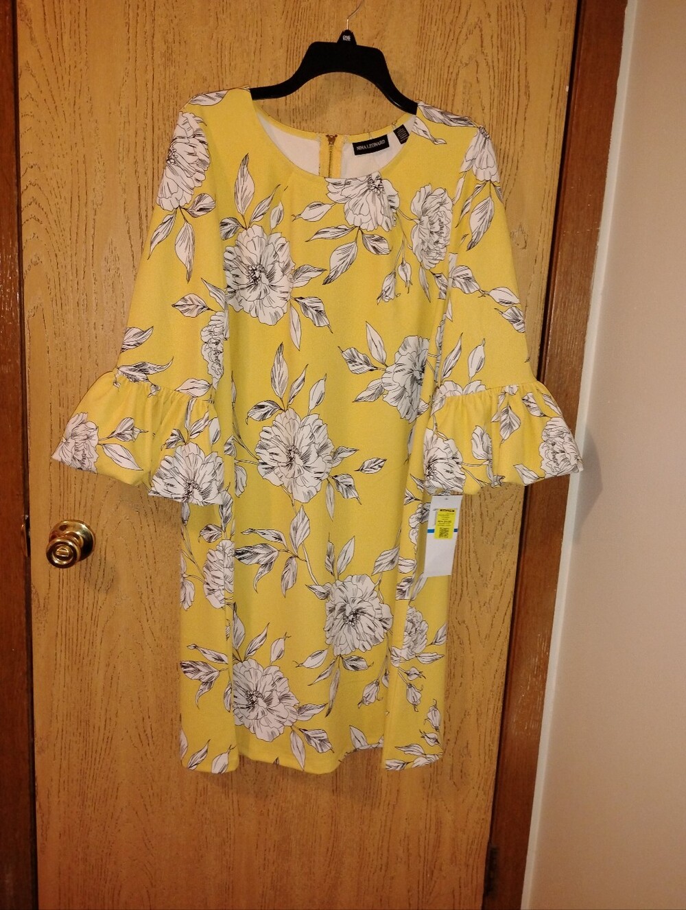 Nina Leonard Yellow Floral Ruffle Bell Sleeve Shift Dress XL NWT